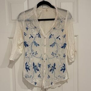 Women’s Cream Embroidered Button-Front Blouse with Blue Floral Design